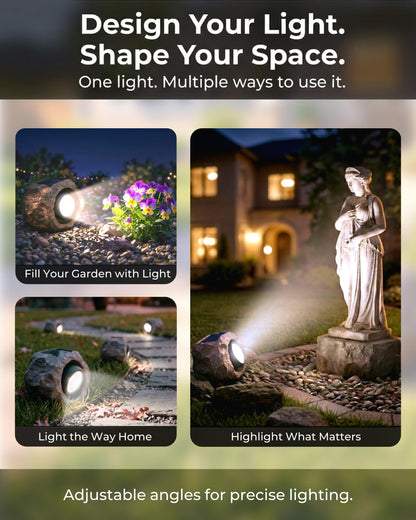 4 Pack Solar Rock Lights Outdoor, Angle Adjustable Solar Lights Outdoor Waterproof, LED Solar Garden Lights, Auto On/Off Landscape Lighting for Yard Pathway Patio Flower Bed - White Glow (Stone Brown)