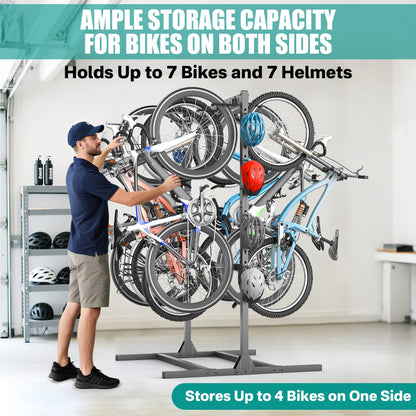 EVERHANGER Freestanding Bike Stand Rack with Adjustable Hooks, Vertical Bike Stand for Garage, Bicycle Storage Organizer, Holds Up to 7 Bikes & 7 Helmets