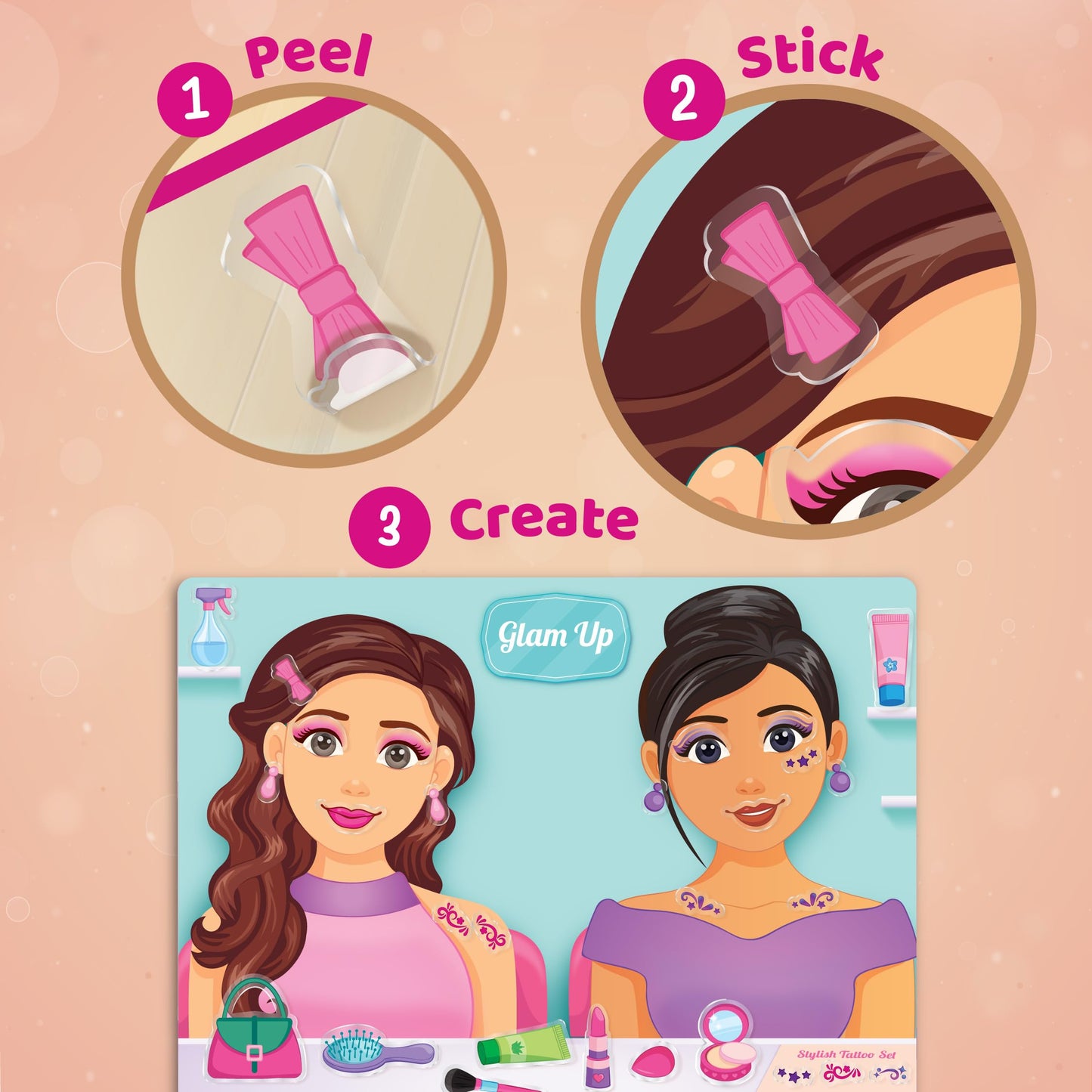 Imagimake Reusable Sticker Fun – Hair & Makeup Kit |Reusable Glam Stickers for Kids | 6 Styling Scene Boards | Pretend Play | Kids Games 3-5 | Toddler Girl Toys | 3,4,5,6,7 Year Old Girl Birthday Gift