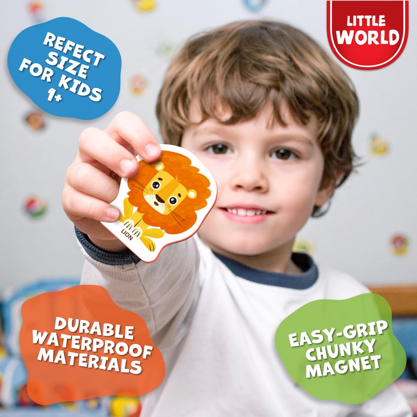 Little World Large Set of Safe and Durable Fridge Magnets for Toddlers 1-3 | Foam Refrigerator Magnets for Kids with Gift Box | Waterproof, Non-Toxic Zoo Magnetic Animals for Children and Babies 1+