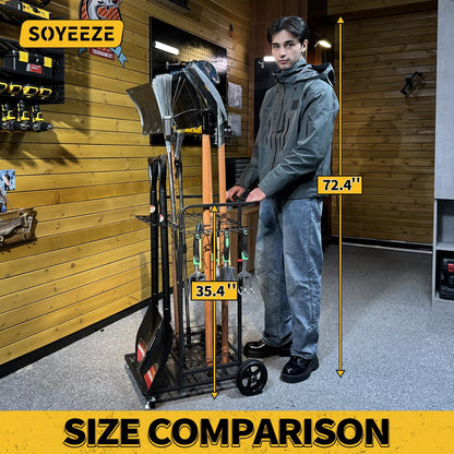 SOYEEZE Garden Tool Organizer with Large Wheels, Heavy Duty 3-Tier Yard Tower Tool Rack for Garage, Holds Up to 35 Long-Handled Tools, Garden Tool Cart with 12 Hooks for Tool Organization Storage