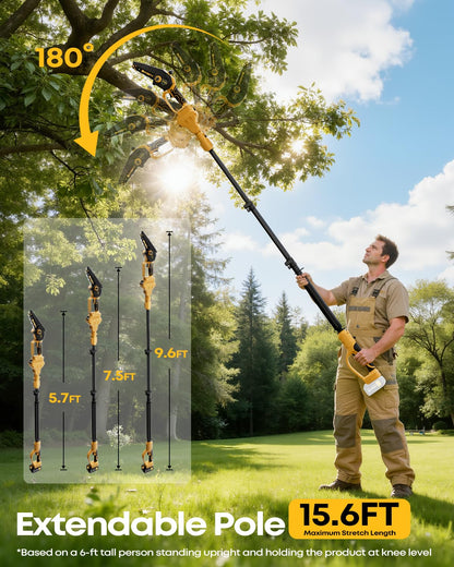 Dnveey 8-Inch Cordless Pole Saw for Tree Trimming, Compatible with DeWalt 20V Max, 15.6FT Extendable 2-in-1 Mini Chainsaw & Tree Trimmer, 800W Brushless [Tool Only - No Battery]