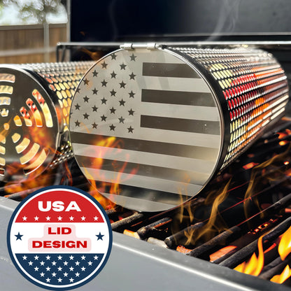BigStep Large Capacity Round Grilling Baskets (2 Pcs) with Snap-Fit Latch - XL Grill Basket with USA Flag engraving - Includes Heat-Resistant Grilling Glove and Lifting Hook