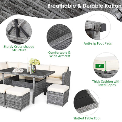 Tangkula 7 Pieces Patio Furniture Set, Outdoor Sectional Rattan Dining Sofa Set with Cushions, All Weather Wicker Conversation Couch Set with Dining Table & Ottomans for Yard Garden Poolside, White