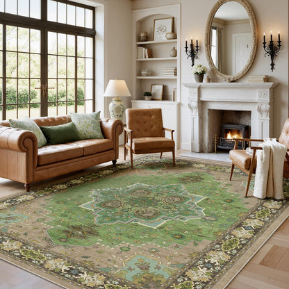 AMADA HOMEFURNISHING 6x9 Area Rug for Living Room, Vintage Washable Area Rug Low-Pile & Non-Slip Carpet for Bedroom Dining Room Nursery Home Office, Green