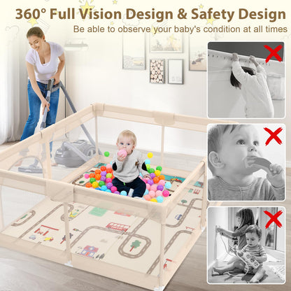 71 x 59 Baby Play Pen with Mat - Indoor & Outdoor Playpen for Babies and Toddlers - Extra Large Play Yards with Soft Foam & Sturdy Bottom Suction Cups - Toddler Baby Play Yard with Gate(Apricot)