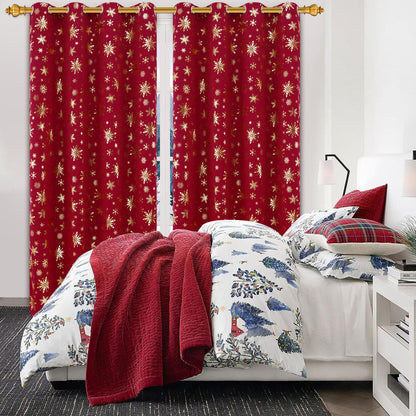 FRAMICS Christmas Curtains for Living Room and Bedroom - Gold Snowflake Foil Print, Blackout, Red, 84 Inch Length, 2 Panels Set, Grommet Window Curtains for Winter