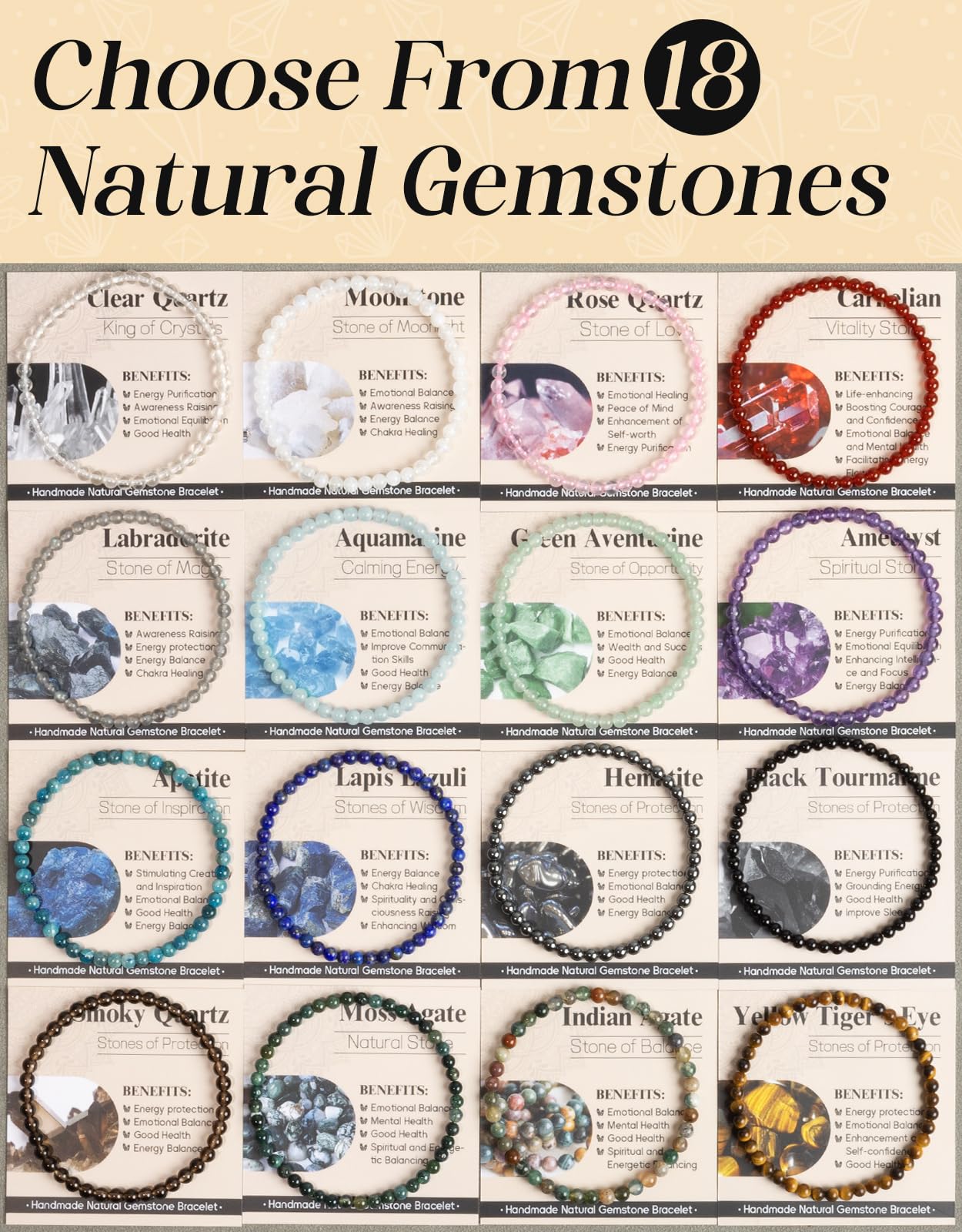 Landorilo Beaded Bracelet for Men Women, 4mm Natural Stone Aquamarine Healing Crystal Stretch Bracelets, Ideal Christmas Birthday Jewelry Gifts with Energy Card，Replacement Beads Included