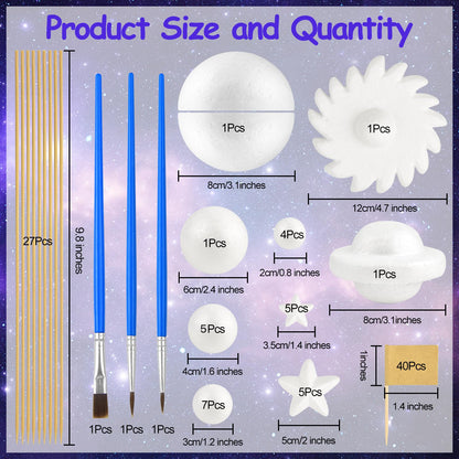 100 Pieces Solar System Model Foam Ball Kit Includes Mixed Sized Polystyrene Balls Toothpick Flag Bamboo Sticks Painting Brushes for School Science Project DIY Planet Handcraft