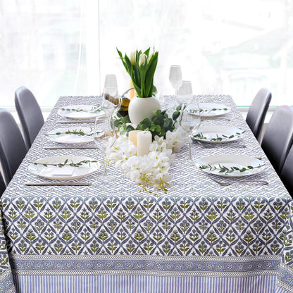 Newtay 60'' x 90'' Cotton Tablecloth Handmade Cotton Floral Tablecloth Washable Print Rectangle Table Cover with Dust Proof Wrinkle Resistant for Kitchen Dining Party Buffe(Light Steel, Blue)