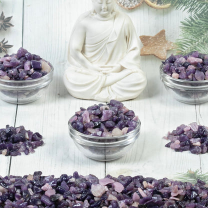 ZAICUS Lepidolite Crystal Chips Bulk Gemstone Valentine Gift, Healing Crystal Natural Irregular Shaped Crushed Stone Reik Healing Tumbled Chips Crystal Chips for Witchcraft & 1 Lb