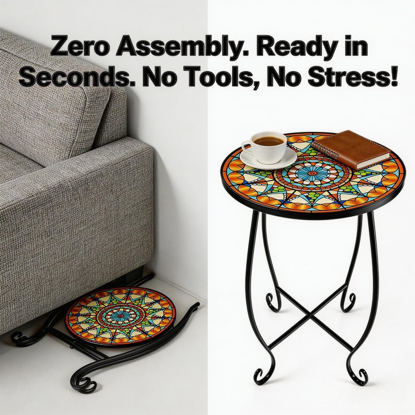 Kaesithar Set of 2 Mosaic Outdoor Side Tables Round, 15 Inch Height - Small Patio Table Set, Foldable Sun Pattern Metal Plant Stands for Garden, Balcony & Yard (Mosaic Sun, 2 Pack)