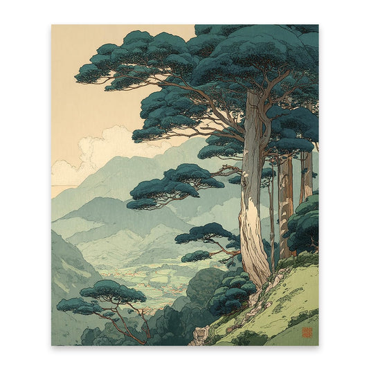 FOPENEM Vintage Japanese Forest Diamond Painting Kit for Adults Beginners 9.8x11.8 Inch, Green Japandi Nature Mountain Landscape Gem Diamond Painting Art Kits for Home Wall Decor