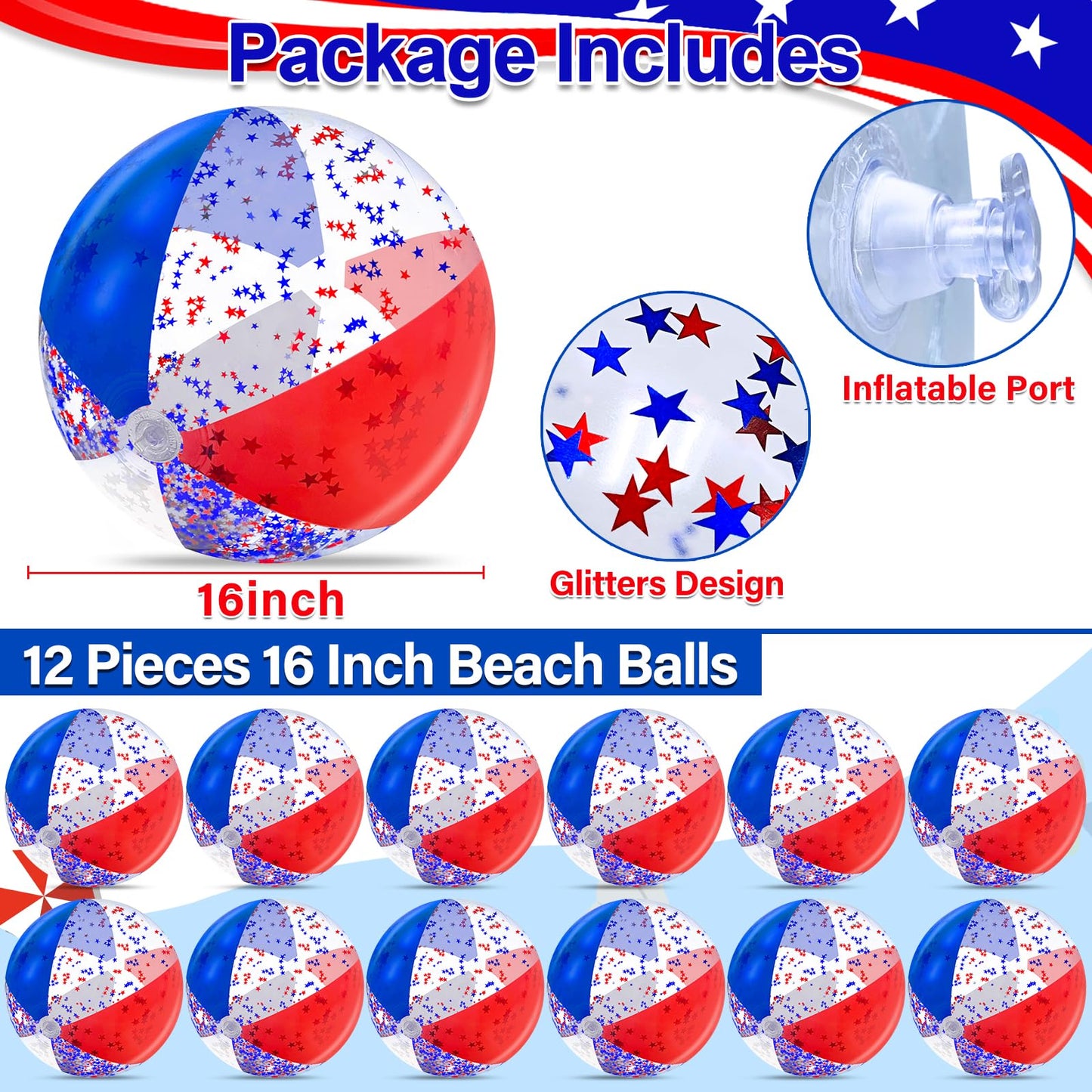 12 Pack 16" Inflatable Patriotic Beach Balls,4th of July Red White and Blue Stars Glitters Beach Ball Bulk,250th Anniversary Pool Toys for Kids & Adults Summer Swimming Pool Beach Party Game Water Toy