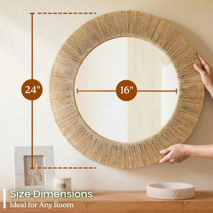 Chi An Home 24 Inch Natural Jute Mirror, Wall Mounted Round Mirror with Metal Frame, Wall Decor Rustic Farmhouse Boho Decor Accent for Bathroom, Bedroom, Living Room, or Entryway