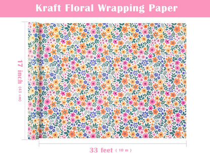 WRAPAHOLIC Kraft Floral Wrapping Paper Roll - Mini Roll - 17 Inch x 33 Feet - Ditsy Flower Wrapping Paper, Perfect for Wedding, Birthday, Bridal Shower, Tea Party