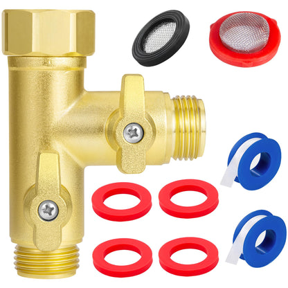 Breezliy Heavy Duty Metal 2 Way Type Garden Hose Splitter,3/4" 1.6MPa High Flow Spigot Faucet Connectors,with Shut-Off Valves, Comfort Grip,with washers&tape
