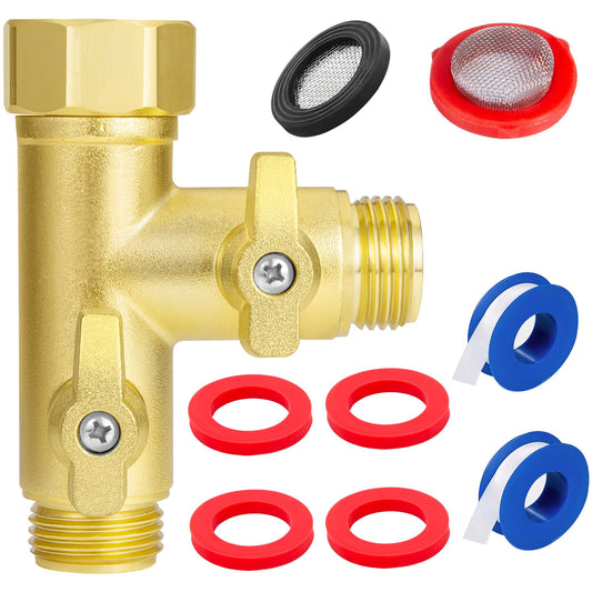 Breezliy Heavy Duty Metal 2 Way Type Garden Hose Splitter,3/4" 1.6MPa High Flow Spigot Faucet Connectors,with Shut-Off Valves, Comfort Grip,with washers&tape
