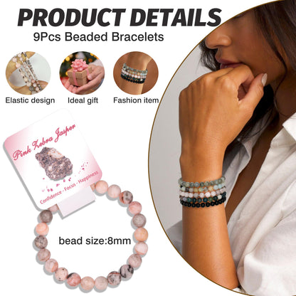 BOMAIL 9Pcs Healing Crystal Bracelets for Women Men 4mm 6mm 8mm Natural Stone Beaded Stretch Bracelet Set Handmade Gemstone Reiki Spiritual Jewelry Gifts