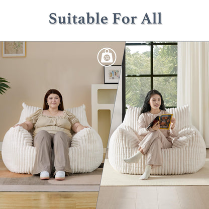 Giant Plush Bean Bag Chair for Adults with Armrests - Oversized Comfy Beige Beanbag Lounge Lazy Floor Sofa Accent Chair for Living Room, Bedroom & Dorm, Cozy Fluffy Single Cloud Mini Couch