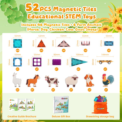 RiteHold Magnetic Tiles Farm Animals 52PCS, STEM Toys Magnet Building Blocks for Kids Ages 3 4 5 6 7 8, Toddler Construction Stacking Tiles Toys Gifts for Boys Girls 3+