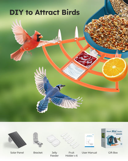 Smart Bird Feeder with Camera Solar Powered for Outdoors 2K FHD AI Recognition Hanging Bird Feeder Camera for Outside Backyard Garden, Gifts for Birdlover Mom Dad Kid (Deep Blue and Orange)