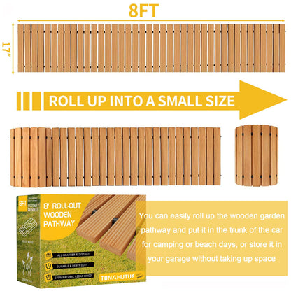 TONAHUTU 8FT Wooden Garden Pathway, Roll Out Wooden Pathway Weather-Resistant Walkway for Outdoor Patios 17" W Roll Out Hardwood Walkway with Non-Slip Surface Wedding Party Pathways (Straight)