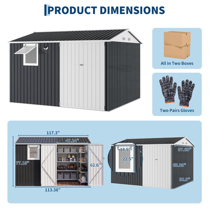 10x8FT Outdoor Storage Shed with Pushable Window, Metal Garden Shed with Sloping Roof,Breathable Vent and Lockable Doors, Steel Tool Shed for Patio Garden, Garage, Backyard, Poolside