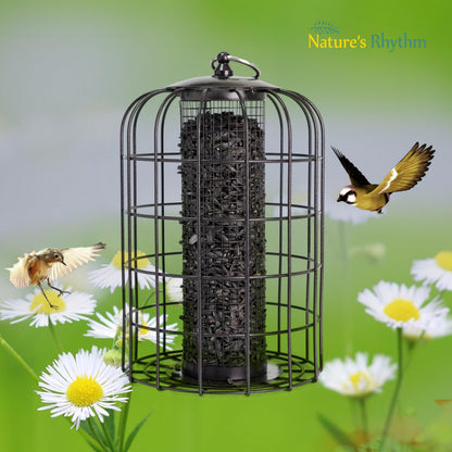 Nature's Rhythm Outdoor Hanging Bird Feeder Cage Mesh Tube Squirrel Proof Wild Bird Feeder with Large Metal Seed Guard Deterrent Green