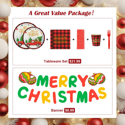 TOTOMA Christmas Party Decorations Paper Plates & Napkins 25 Guest, Disposable Plates Set, Holiday Paper Plates, Napkins, Cups with Golden Print, Santa Driving Pattern, Straws, Banner for Christmas