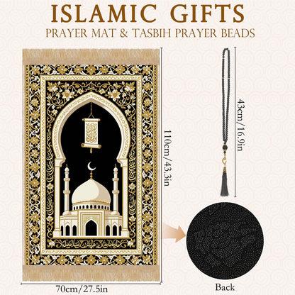Prayer Mat Beads Ramadan Gifts - Thick Muslim Prayer Rug Islamic Tasbih Black Prayer Beads, Islamic Praying Mat Carpet for Namaz Salah Meditation Eid Decorations for Home