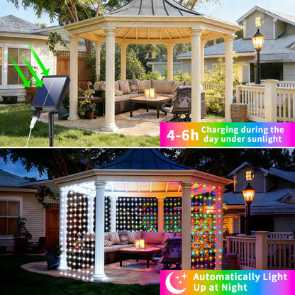 Solar Curtain Lights 10x10Ft 300LED Twinkle Fairy String Lights Multicolor Cool White Dual Color Changing Dimmable Waterproof Remote Timer Memory for Christmas Wedding Pergola Patio Outside