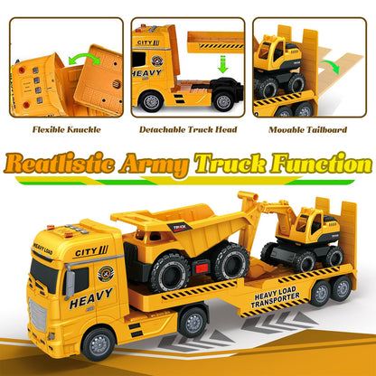lonfypeng 3-in-1 Construction Truck Toy for Ages 3-6 – 25.6 Inch Extra-Large Semi-Truck with Lights & Sounds, Detachable Excavator and Light & Sound Dump Truck, Inertia Vehicle Set