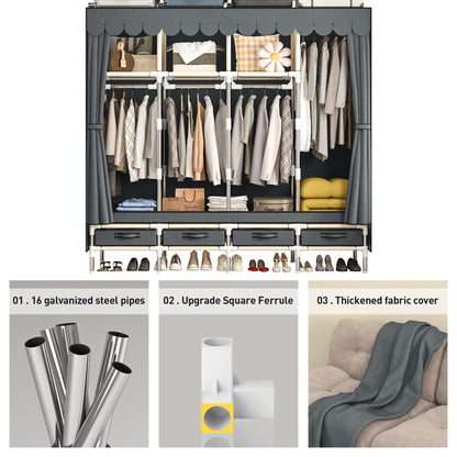 LEAIJIAFY Large Portable Wardrobe with 4 Hanging Rods and Drawers, Armoire, Metal Storage Wardrobe Hangers, Upgraded Grey Non-Woven Dust Cover for Handing Closet,Large Closets for Bedroom