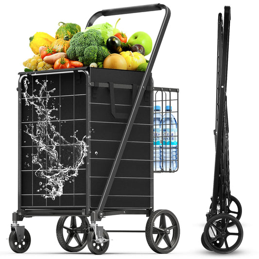 XING LANG 4.5 Cu Ft Folding Shopping Cart - 420 LB Capacity Grocery Cart with 360° Braked Swivel Wheels - Heavy Duty Utility Cart with Double Basket & Removable Waterproof Liner with Lid for Laundry