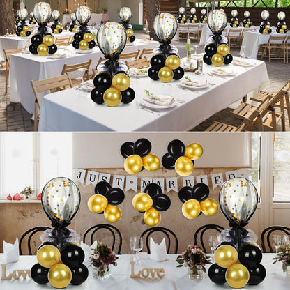 BBTO 8 Set Gold Black Table Centerpieces Balloons Stand Kit, Latex Balloons and Table Stand Holder with Base Tulle for Wedding Birthday Mother's Day Baby Shower Party