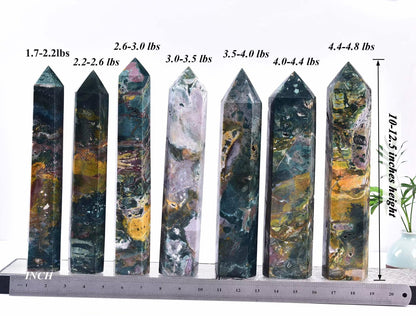 AMOYSTONE Large Ocean Jasper Stone Wand Healing Crystal Obelisk Tower 6 Faceted Column Reiki Chakra Meditation Therapy 2.2-2.6 LBS