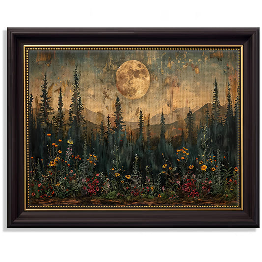 Vintage Framed Moon Forest Canvas Wall Art Serene Field Floral Printing Pine Tree Nature Landscape Painting Farmhouse Rustic Pictures Natural Scenery Wall Decor Woodland Wildflower Poster Artwork