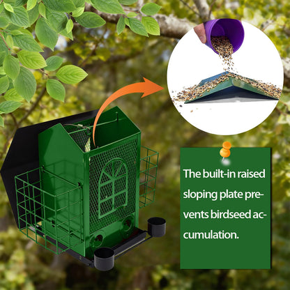 QZLOHOM Outdoor Metal Hanging Bird Feeder Large Capacity Premium Wild Bird Feeder (Includes Bread Tray) Metal Mesh Design Multi-Compartment Food Storage Green (Green)