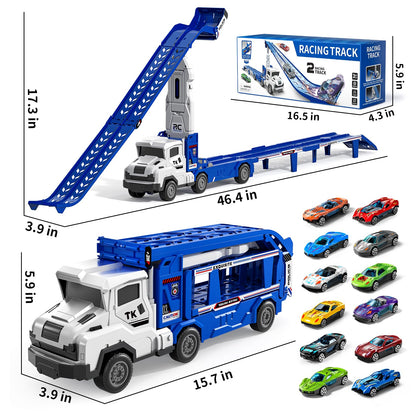 Transport Truck Toys for 3 4 5 6 7 Years Old Boys,Toys Cars Track Set Transporter Trucks with 12 Die-Cast Car Toys 2 Race catapults Dual-Track Model,Toddler Car Toy Set for Kids Boys Girls