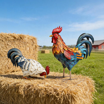 Shorayn Metal Rooster Statues, Outdoor Garden Metal Chicken Decor, Garden Sculptures Chicken Ornaments Yard Art for Backyard Patio Lawn Decorations, Set of 2
