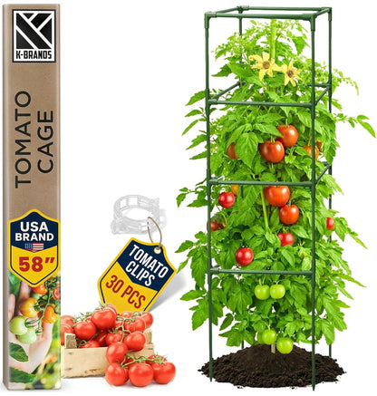 Tomato Cage Square - Large Trellis Stakes and Plant Support Structures for Vegetables and Climbing Plants - Tall Tomato Cages for Garden, Pots, Raised Garden Bed Outdoor Supplies (1 Pack - Up to 58")