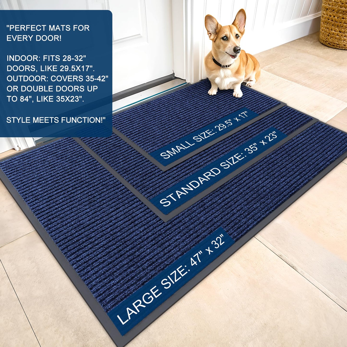 OLANLY Front Door Mat Indoor Outdoor Entrance, Waterproof Heavy Duty Doormat, Fade Resistant, Low Profile, Easy Clean Patio Porch Welcome Floor Mats for Entry, 35x23, Blue