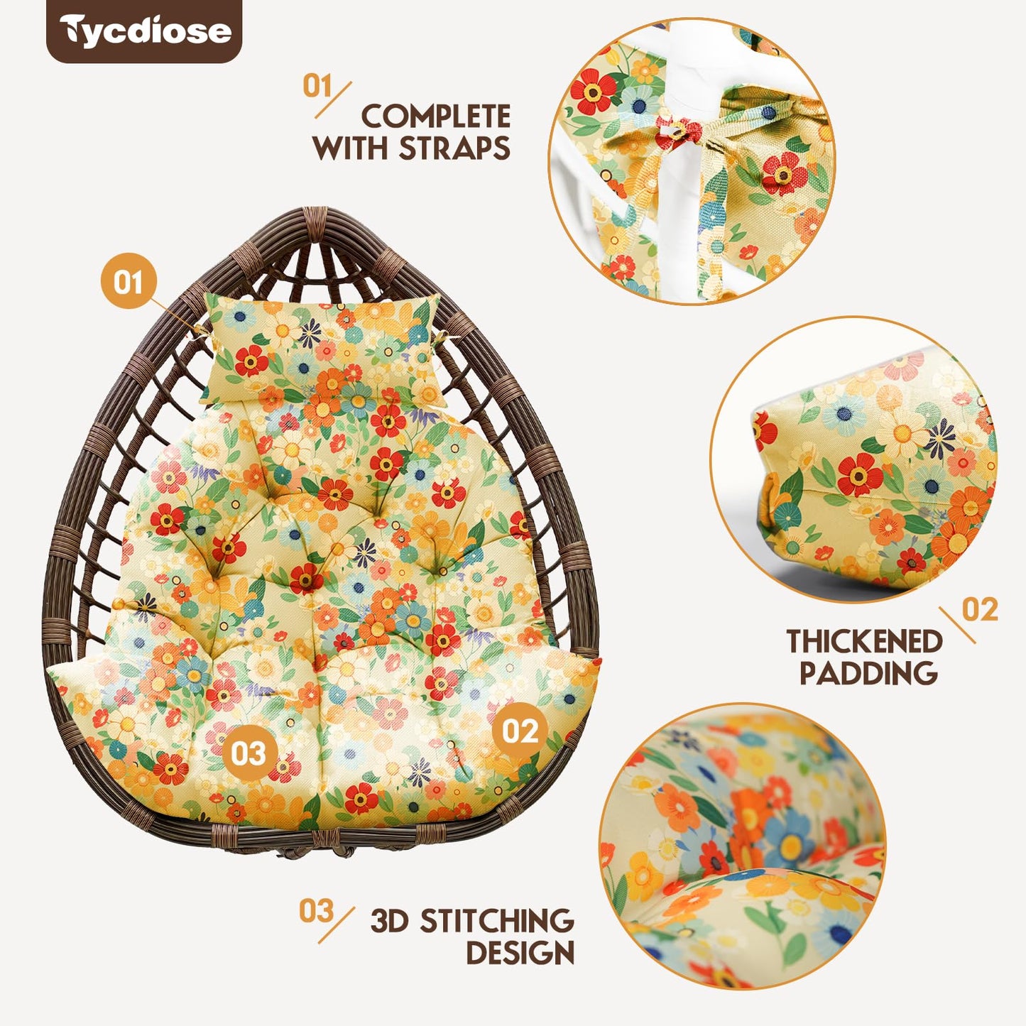 Tycdiose Outdoor Hanging Egg Chair Cushion Replacement, Thicken Egg Chair Cushion Waterproof Basket Eggs Chairs Cushion with Headrest Pillow, U-Shaped Cushions for Hanging Eggs Chairs Swing (Daisy)