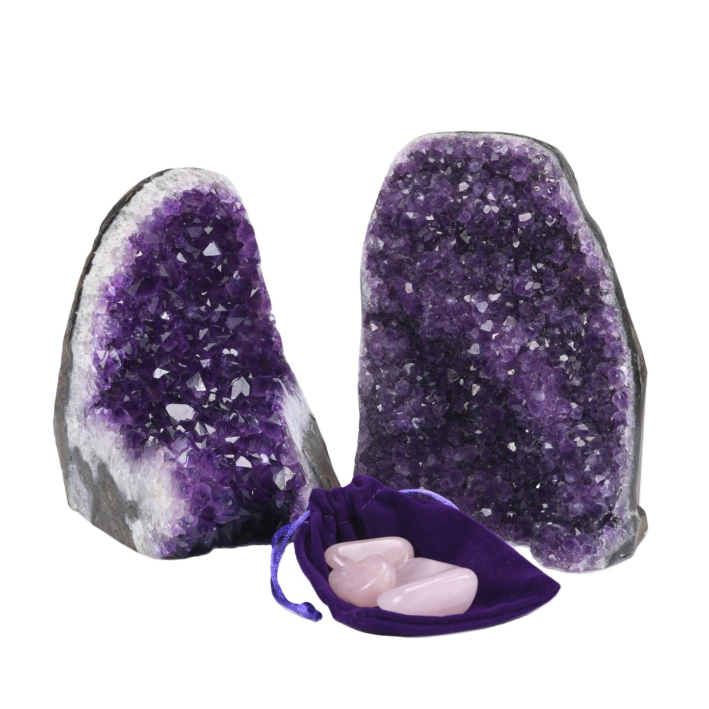 Extreme Rocks & Fossils Natural Amethyst Cluster with Polished Edges [1.5 to 2 lb.] Real Raw Geode Healing Crystal Rock from Uruguay, Deep Purple Decor and a Free Velvet Pouch of Rose Quartz