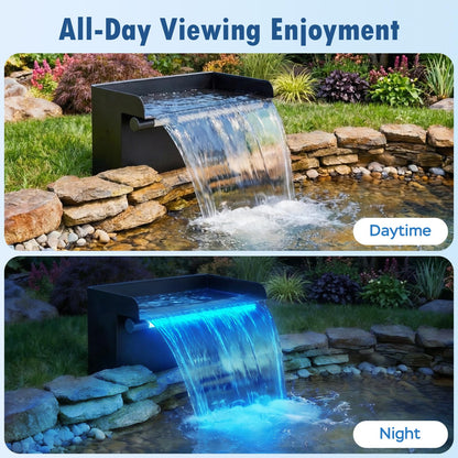 Devopet Pond Waterfall Spillway Kit, 12" Stainless Steel Spillway with Remote Control LED Lights, 660GPH Submersible Water Pump, Outdoor Waterfall Fountain for Water Feature, Garden, Backyard, Pool