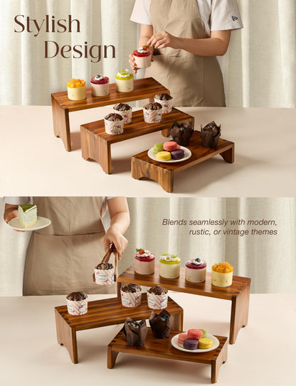 Tidita Acacia Wood Risers Display Stands Set of 3 - Wooden 3 Tier Cupcake Stand - 3 Tiered Riser for Vendors - Decorative Display Risers for Food Desserts Stand, Perfume, Funko POP at Party Wedding