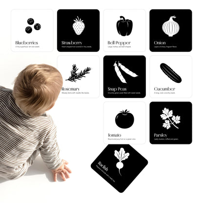 Garden for Baby Black and White Cards by Chunky Deli | High Contrast Sensory Toy for Newborn Visual Stimulation & Tummy Time | 10 Laminated Infant Learning Cards | Unique Foodie