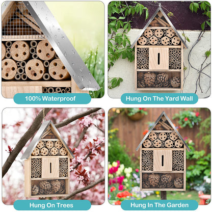 Elipark Wooden Mason Insect Bee Butterfly House,Insect Hotel,an Outdoor Hanging Bamboo Habitat for Bee Butterfly Ladybugs Live,Bee Box,Butterfly Habitat for Garden,9 x 15.7 x 2.5 Inch