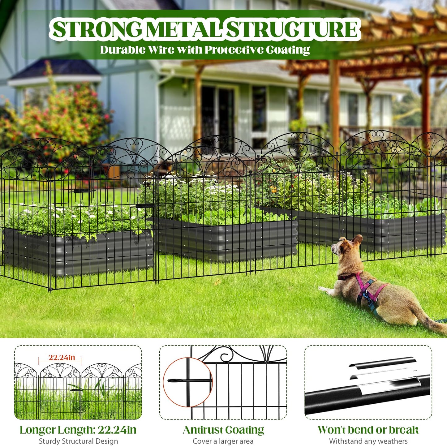 12 Panels No Dig Garden Fence with Gate, 32" H x 22.4ft, Decorative Metal Animal Barrier Dog Fence Outdoor for Yard, Walk-Through Iron Fencing for Flower Bed, Patio & Lawn